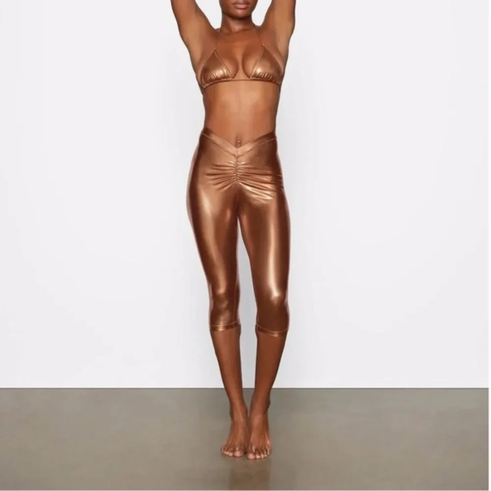 Skims NWT Penny Ruched Metallic Swim V Waist Pants Size XXS
